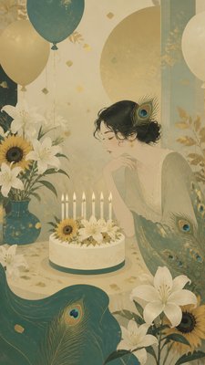 a birthday cake with lit candles surrounded by balloons and confetti, festive vertical composition, no text
