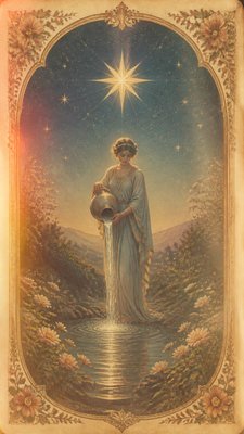 a robed figure pouring water beneath a large eight-pointed star in a night sky, symmetrical composition with an ornate decorative border, no text