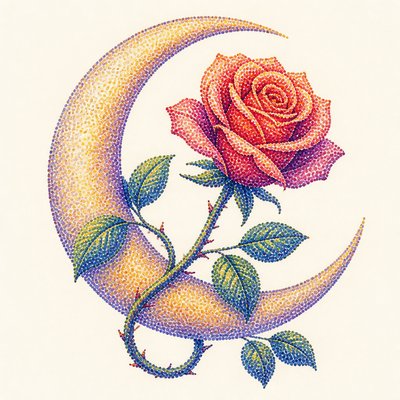 a rose entwined with a crescent moon, clean balanced composition on a plain background, no text