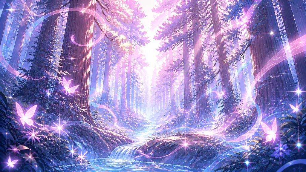 a panoramic redwood forest with light rays through mist, no people