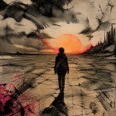 a solitary figure walking toward a glowing horizon across an empty plain, moody atmosphere, no text or lettering