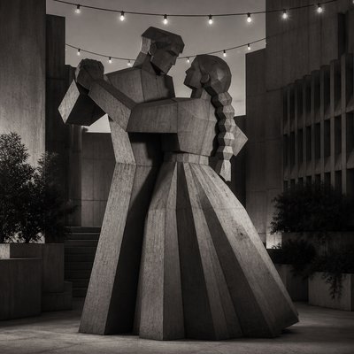 an original couple dancing under string lights in a garden at dusk: a man with short black hair in a linen shirt and a woman with braided red hair in a summer dress