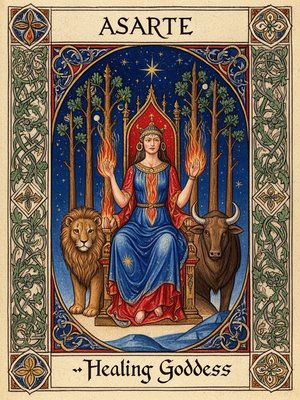 Made a design of Astarte Canaanite Goddess with asherah poles on surrounding her. She sits on a throne with a lion on one side and a bull on the other of the throne. They sit on the edge of moonlight where love becomes force, and beauty becomes command.
Below the image add the text "Healing Goddess" using an ancient style that recalls Greek script.  Above the design add the text "ASARTE"

Astarte is one of the oldest goddesses of the ancient Near East a celestial queen of love, fertility, war, and sovereignty. She rules with a gaze of starlight and hands that both heal and burn.

The design is made to look like a pendant or medil honoring her radiant complexity.  She is the mother goddess woman crowned with planets, adorned in sacred fire, and feared by kings.
As the night star rises, so does her voice a hymn of sensuality, rebellion, and divine embodiment.