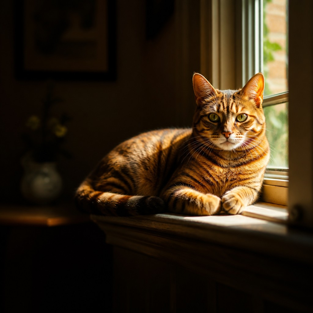 a cat lounging in a sunlit window — Dramatic Emphasis Art Style