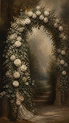 an arch of white roses and eucalyptus in soft morning light, elegant vertical composition with open space, no text
