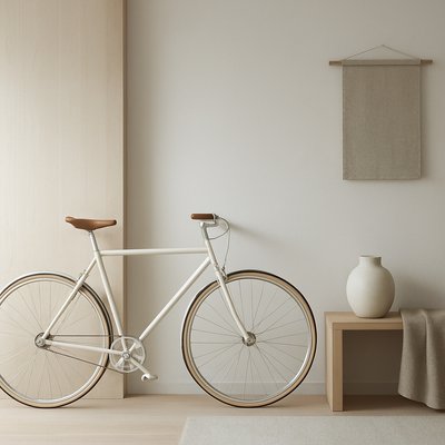 bicyle resting against a wall