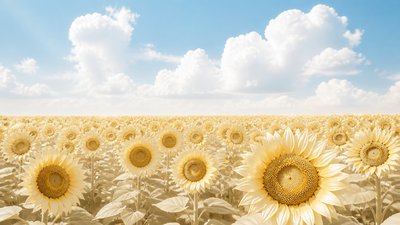 an endless field of sunflowers under summer clouds, no people