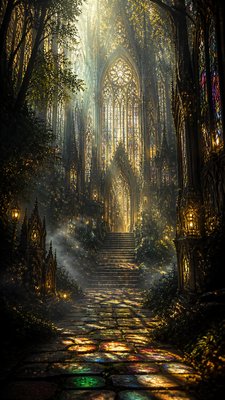 a mysterious forest path with fireflies and drifting mist, atmospheric vertical composition with open space at the top, no text