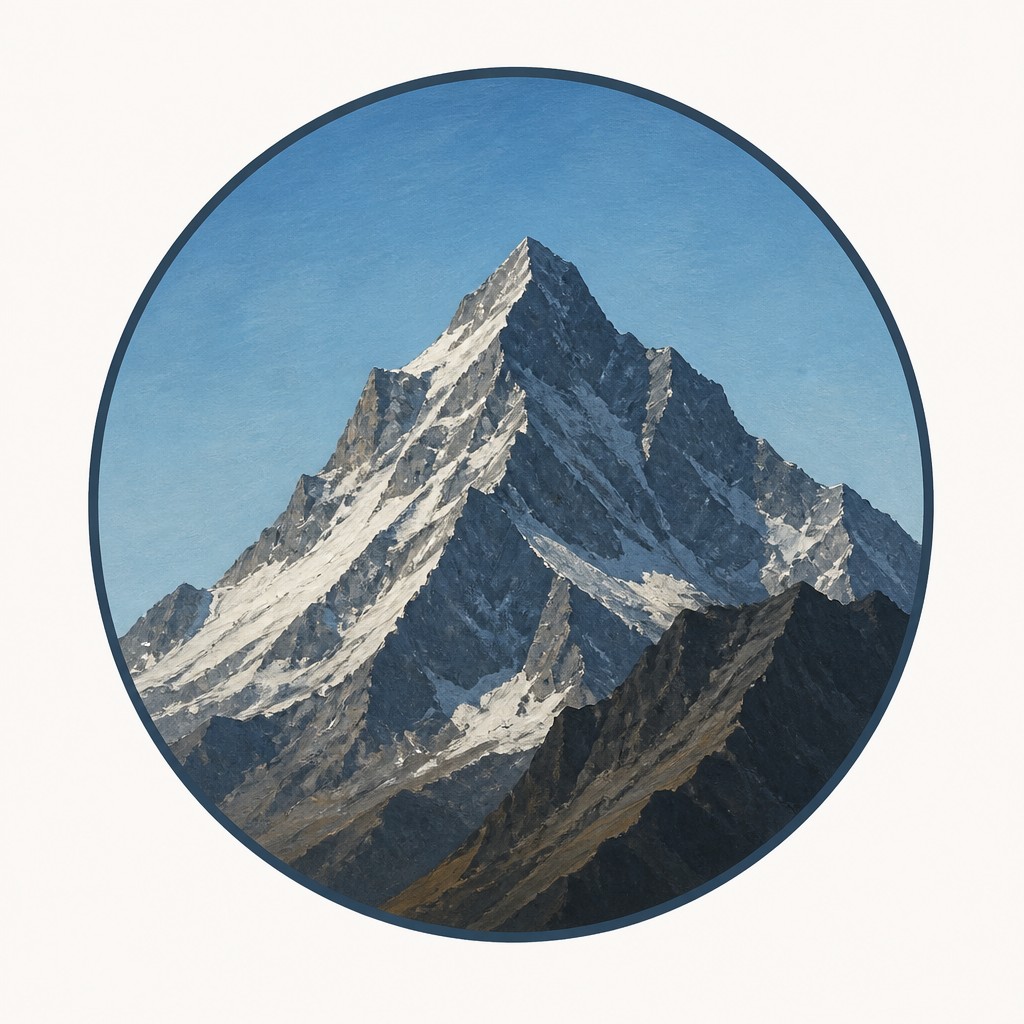 an emblem of a mountain peak inside a circle, simple bold shapes on a plain background, no text or lettering