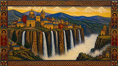 a cliffside city with waterfalls cascading into a misty canyon, wide establishing shot, no people, no text