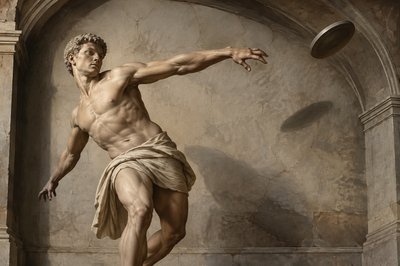 ancient greek discobulos throwing a discus in the air