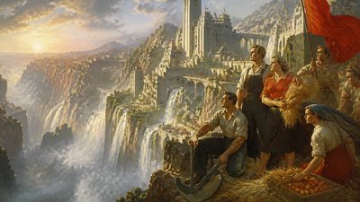 a cliffside city with waterfalls cascading into a misty canyon, wide establishing shot, no people, no text