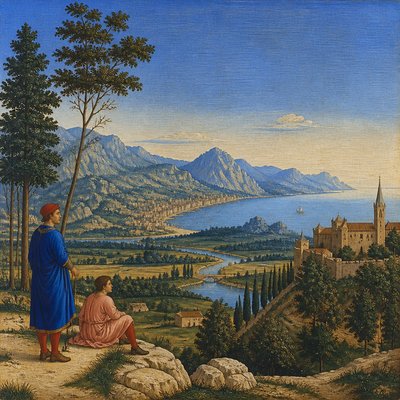 wide landscape with natural scenery — Egg Tempera Painting Style