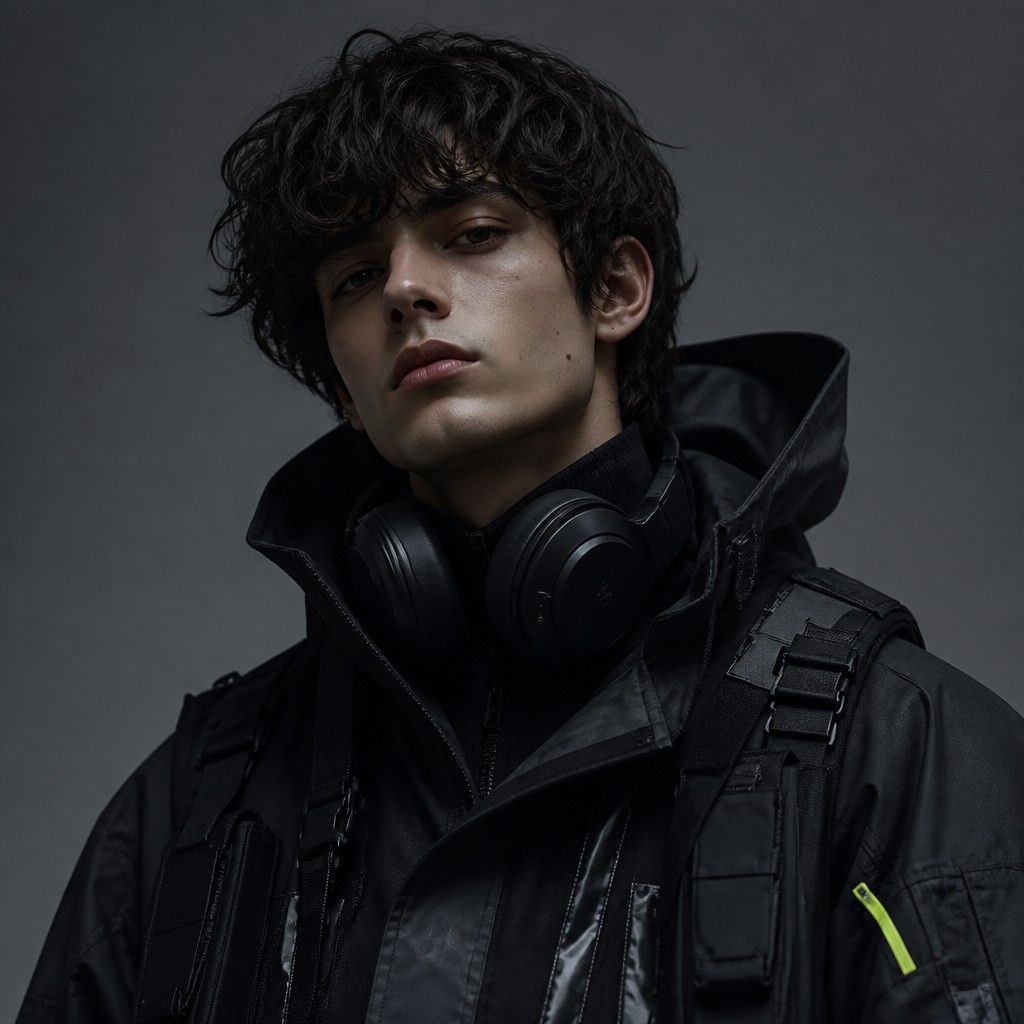 head-and-shoulders portrait of an original character: a young man with curly dark hair and headphones around his neck, plain backdrop, no text