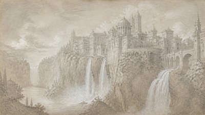 a cliffside city with waterfalls cascading into a misty canyon, wide establishing shot, no people, no text