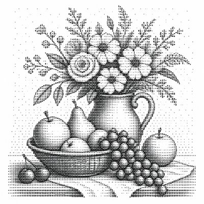 still life arrangement of fruits and flowers