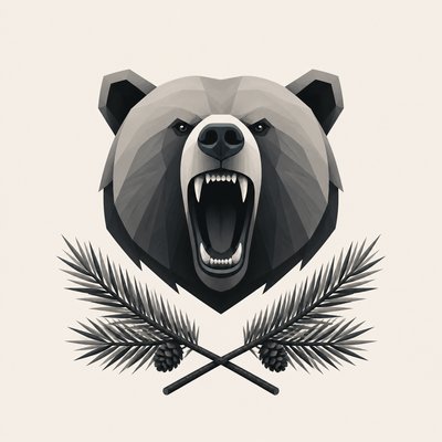a roaring bear head above crossed pine branches, bold graphic composition on a plain background, no text