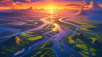 a wide river delta seen from above at sunset, no people