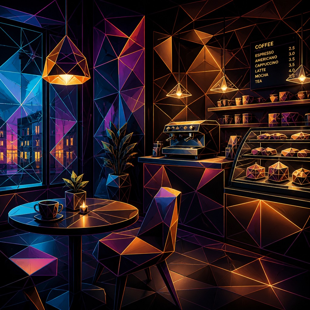 cozy cafe interior with warm lighting
