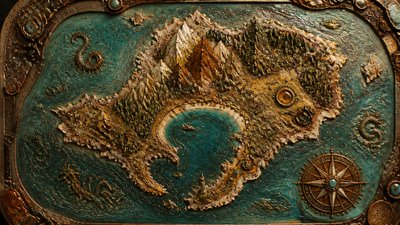 a map of an island realm with mountains, forests, a sheltered bay, sea monsters in the water and a compass rose, no text labels