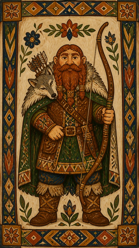 full-body original character: a dwarven ranger with a braided auburn beard, worn leather armor, a longbow and a wolf-pelt cloak, neutral background, no text