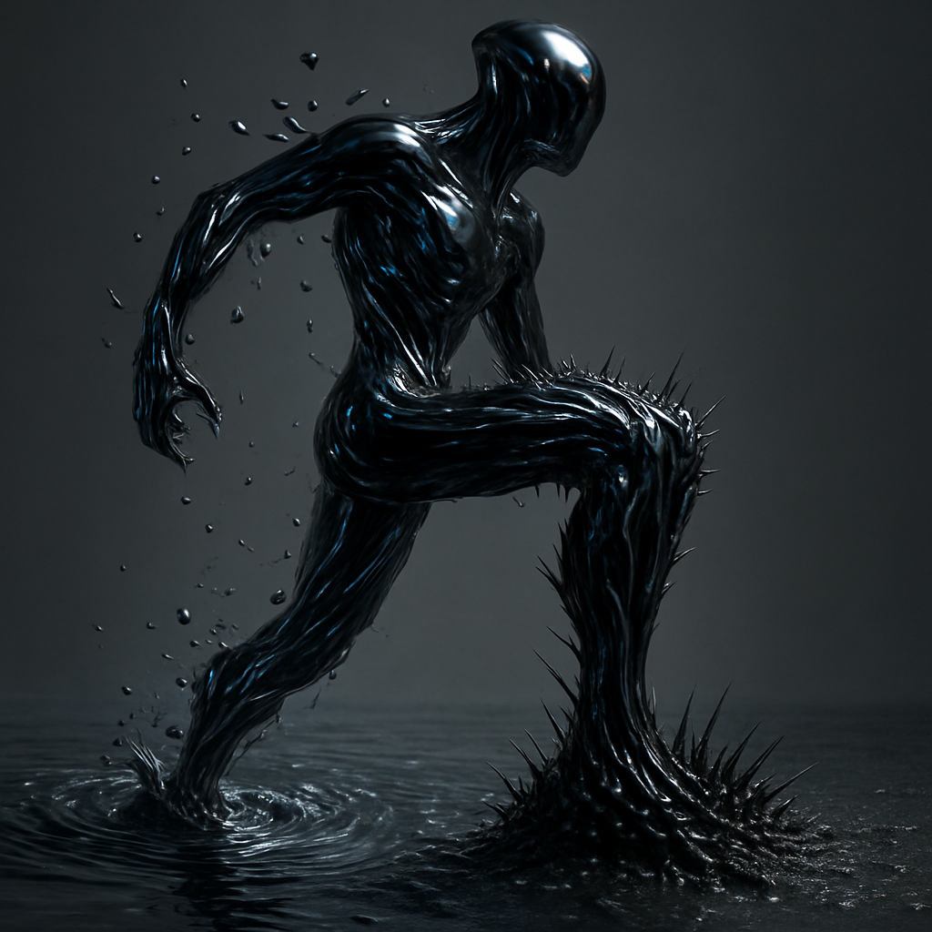 A surreal sculpture of a humanoid shape made of magnetic liquid metal, caught in a state of transformation, ArtStyle liquid metal. The composition is split between water and land. On the water side, the entity's leg is a vortex of water and metal swirling together, zero gravity liquid droplets rising up. On the land side, the other leg creates heavy, thick strands of magnetic fluid stretching and snapping as it steps onto the terrain, pulling the ocean with it. Intense texture of ferrofluid spikes and smooth metallic curves. Dramatic shadows, wet surface rendering, hyper-realistic physics.