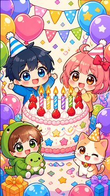 a birthday cake with lit candles surrounded by balloons and confetti, festive vertical composition, no text