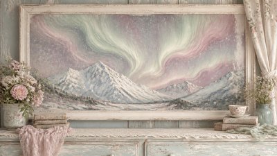 a flowing aurora over snowy peaks, wide sweeping composition, no people, no text