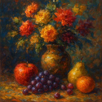 still life arrangement of fruits and flowers