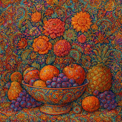 still life arrangement of fruits and flowers