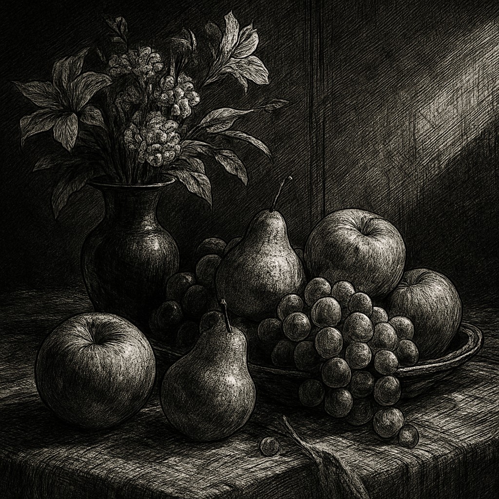 still life arrangement of fruits and flowers