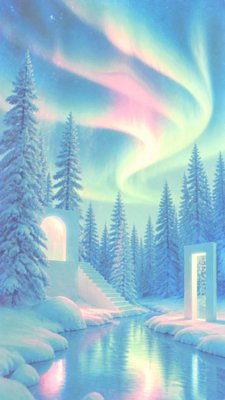 a snowy pine forest under the northern lights, no people