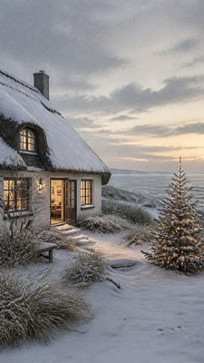 a snow-covered cottage with warm glowing windows beside a decorated pine tree, gentle snowfall, no text
