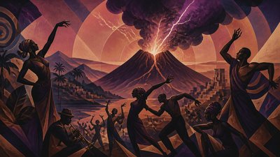 an erupting volcano with lightning strikes, dramatic wide composition, no text