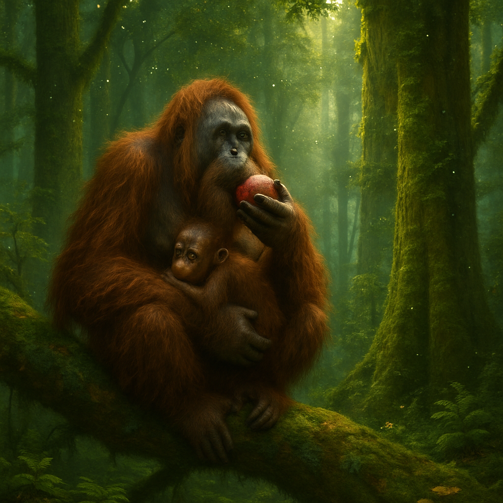 A hyper-realistic orangutan sitting in a lush Borneo rainforest tree, cradling its baby, eating a big juicy fig, surrounded by trees adorned with shimmering glitter sparkles, extreme detail, cinematic lighting, vibrant colors, misty atmosphere