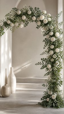 an arch of white roses and eucalyptus in soft morning light, elegant vertical composition with open space, no text