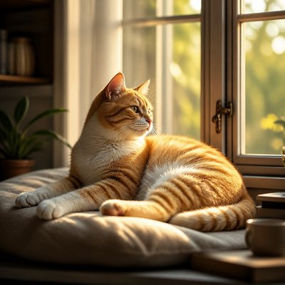 a cat lounging in a sunlit window