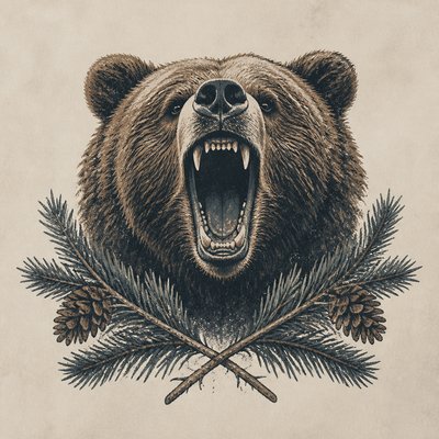a roaring bear head above crossed pine branches, bold graphic composition on a plain background, no text