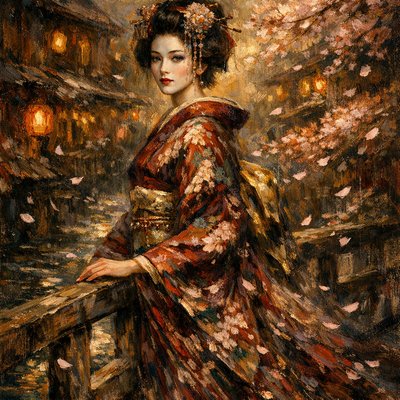 Cinematic Film Style, Romanticism Art Style, a stunningly beautiful and atmospheric portrait of a Geisha in 1930s Kyoto. She is dressed in an exquisite, flowing silk kimono with intricate floral patterns and a wide obi sash. Her face is painted in traditional white makeup with striking red lips and piercing blue-gray eyes. She is standing on a traditional wooden bridge over a stream in Gion, with soft pink cherry blossoms falling around her like snow. The lighting is a warm, golden-hour glow that creates a soft-focus, ethereal background of old wooden teahouses and paper lanterns. Focus on the shimmering texture of the silk, the delicate movement of the blossoms, and a sense of quiet, longing beauty.