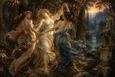 the three graces dancing together in a forest