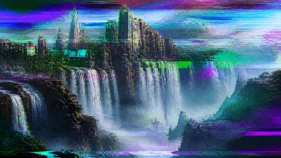 a cliffside city with waterfalls cascading into a misty canyon, wide establishing shot, no people, no text