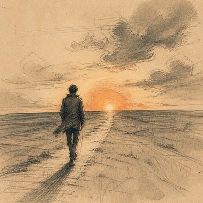 a solitary figure walking toward a glowing horizon across an empty plain, moody atmosphere, no text or lettering