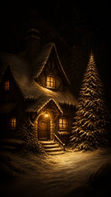 a snow-covered cottage with warm glowing windows beside a decorated pine tree, gentle snowfall, no text
