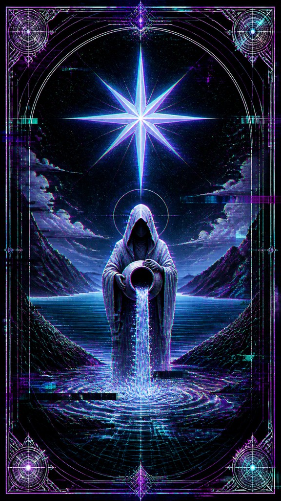 a robed figure pouring water beneath a large eight-pointed star in a night sky, symmetrical composition with an ornate decorative border, no text