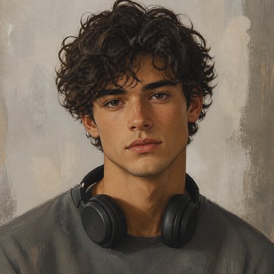 head-and-shoulders portrait of an original character: a young man with curly dark hair and headphones around his neck, plain backdrop, no text