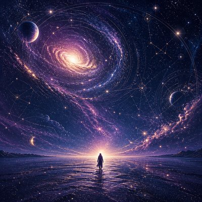 a solitary figure walking toward a glowing horizon across an empty plain, moody atmosphere, no text or lettering