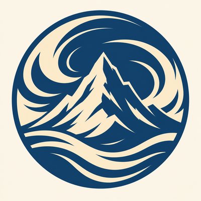 an emblem of a mountain peak inside a circle, simple bold shapes on a plain background, no text or lettering