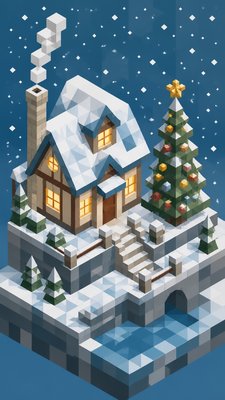 a snow-covered cottage with warm glowing windows beside a decorated pine tree, gentle snowfall, no text