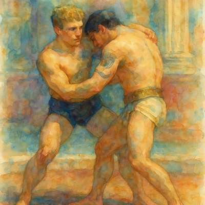 a painting of two men wrestling each other