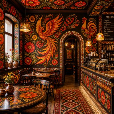 cozy cafe interior with warm lighting